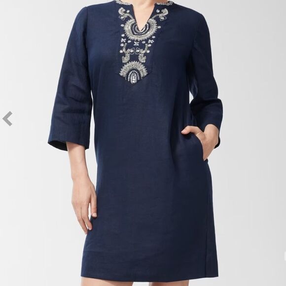 Chico’s Linen Embellished Navy Tunic Dress Classic Navy 4 NWT in packaging - Picture 5 of 8